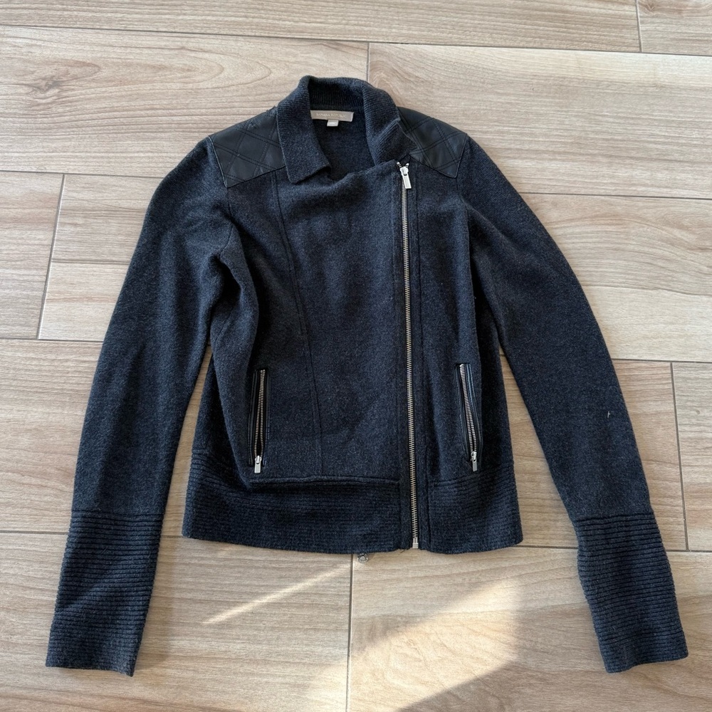 Banana Republic Black Knit Zip Up Jacket Leather Shoulders Office Preppy